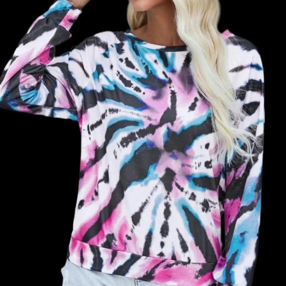 TIE DYE NEW WOMENS TOP SHIRT WHITE PINK DALL CASUAL WINTER SWEATSHIRT SIZE S - Picture 2 of 7